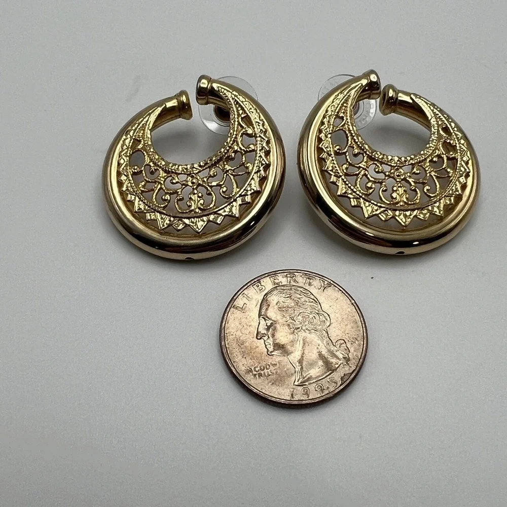 Vintage Pierced‎ Earrings Gold Tone Filigree Open Metalwork Large Statement